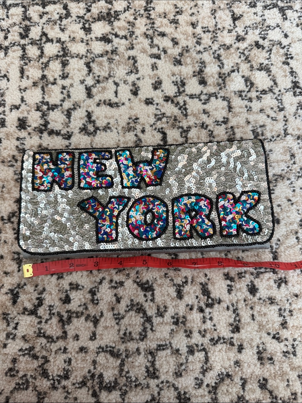 Sequin 'New York' Clutch Wallet in Silver with Multicolor Lettering